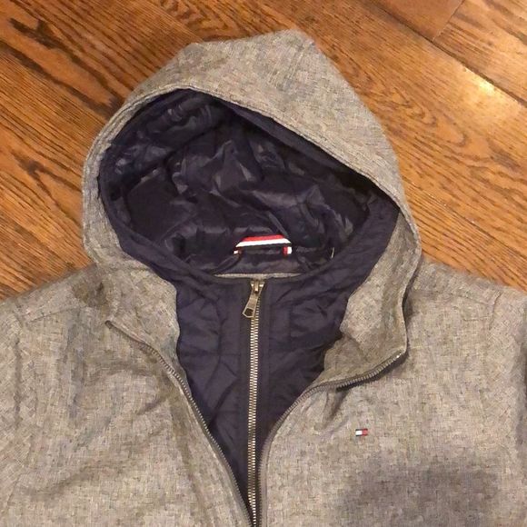 TOMMY HILFIGER Mens Grey Winter Coat Quilted Lining  Double Zipper Hood Sz MED - Picture 7 of 13